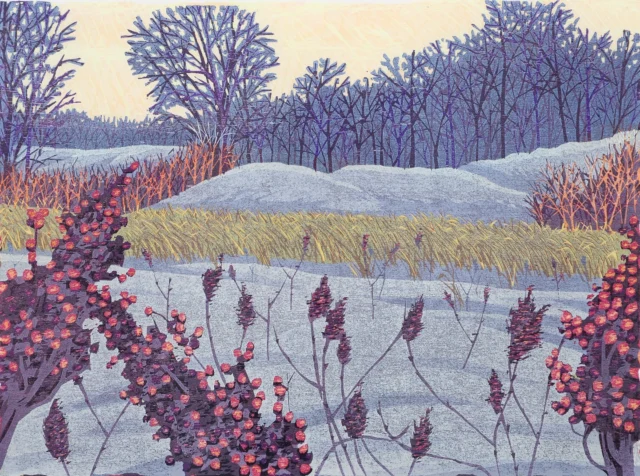 Winter Sumac, 1982 
Reduction color woodcut 
Gordon Mortensen 

In our upcoming Oct 30th Online+ Sale 🌟

Pre-register today on our website to receive the lowest Buyers Premium when you bid. 
.
.
.
#onlineauction #onlineartauction #gordonmortensen #woodcut #print #editions #multiples #artcollector #buyartyoulove #rarebooksatauction #artbooks #rosevillepotteryforsale #rosevillepottery